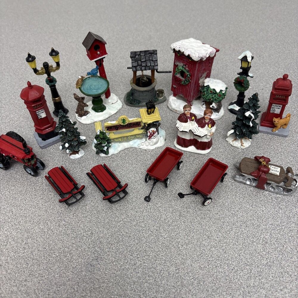 Christmas Village Lot, 17 Figurines, Sleds, Lamps, Trees, Mailboxes, Well & More